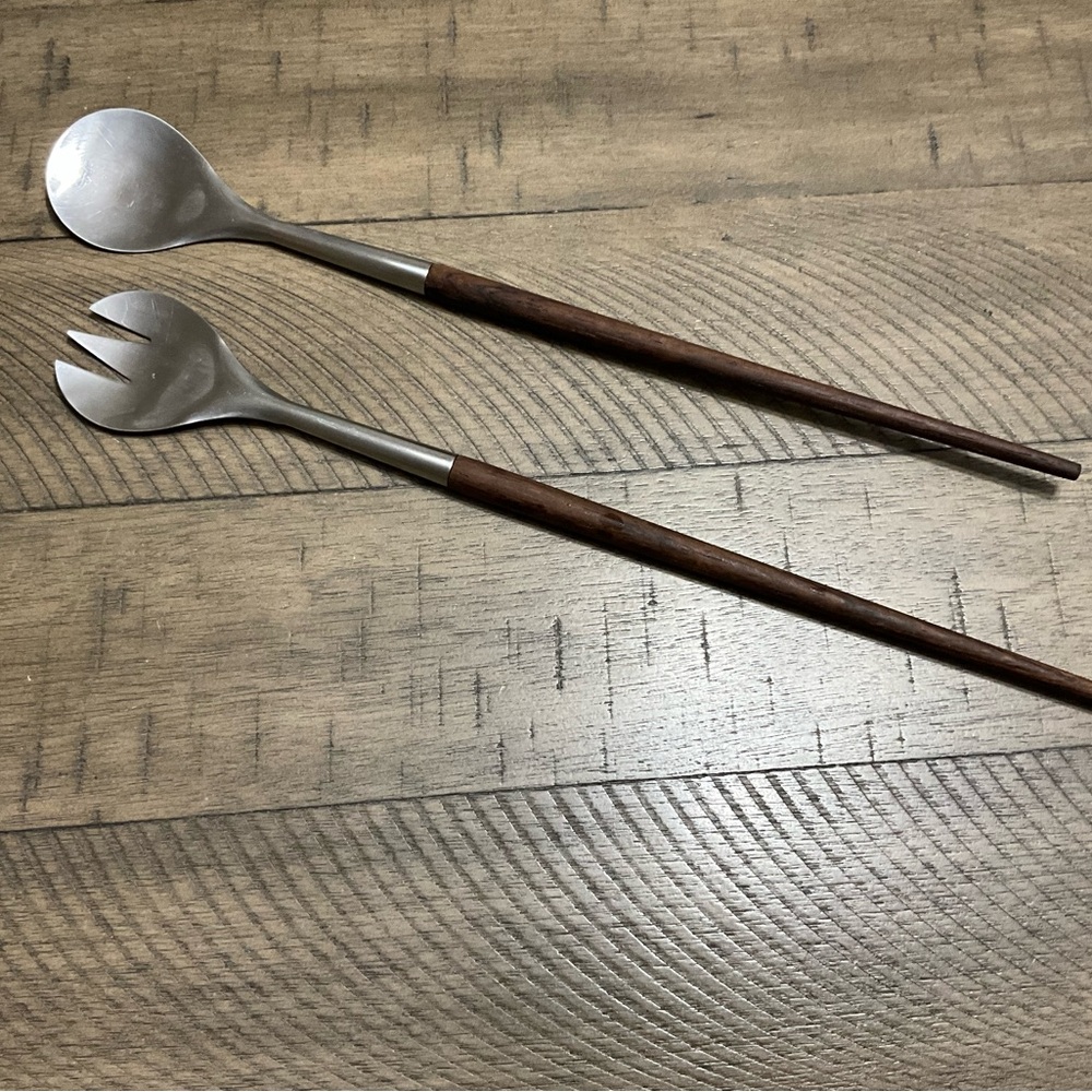 Danish Modern Rosewood & Stainless Steel Salad Servers Stelton Made in Denmark